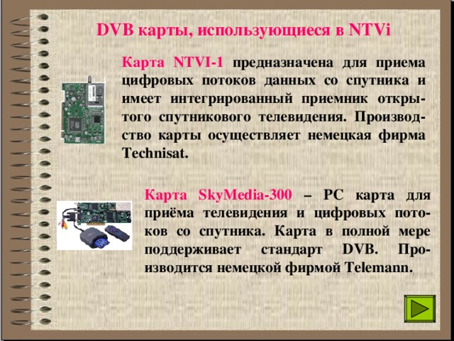 DVB карты, использующиеся в NTVi  Карта NTVI-1 предназначена для приема цифровых потоков данных со спутника и имеет интегрированный приемник откры-того спутникового телевидения. Производ-ство карты осуществляет немецкая фирма Technisat. Карта SkyMedia-300 – PC карта для приёма телевидения и цифровых пото-ков со спутника. Карта в полной мере поддерживает стандарт DVB. Про-изводится немецкой фирмой Telemann.  