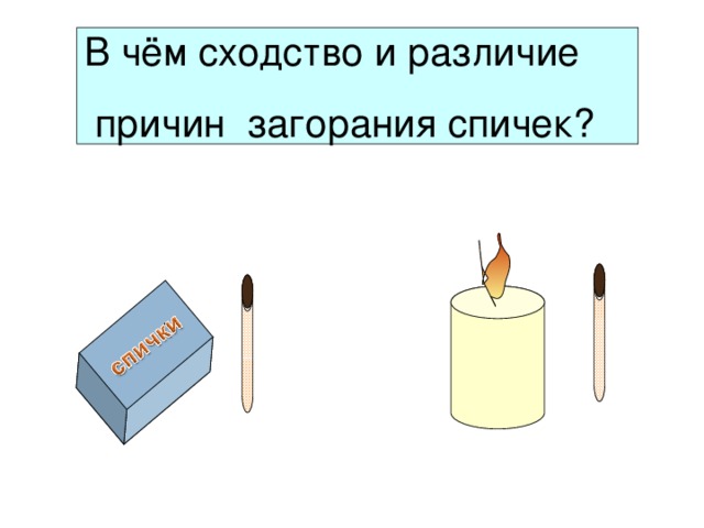 В чём сходство и различие  причин загорания спичек? 