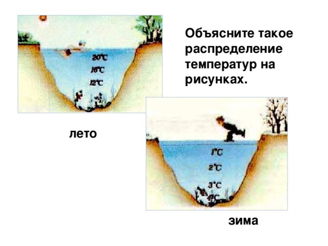 Объясните такое распределение температур на рисунках. лето зима 