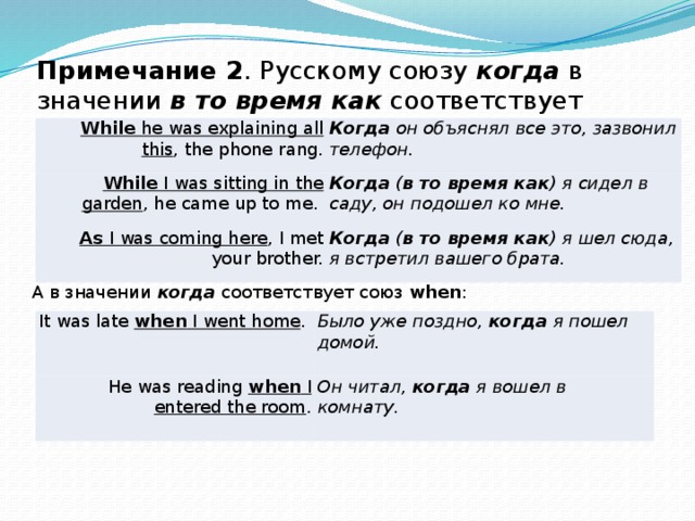 Примечание 2 . Русскому союзу когда в значении в то время как соответствует while или as : While he was explaining all this , the phone rang. Когда он объяснял все это, зазвонил телефон. While I was sitting in the garden , he came up to me. Когда ( в то время как ) я сидел в саду, он подошел ко мне. As I was coming here , I met your brother. Когда ( в то время как ) я шел сюда, я встретил вашего брата. А в значении когда соответствует союз when : It was late when I went home . He was reading when I entered the room . Было уже поздно, когда я пошел домой. Он читал, когда я вошел в комнату. 