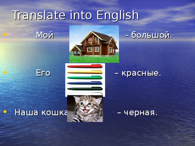 Translate into English  Мой   - большой.   Его  – красные.   Наша кошка  – черная.  