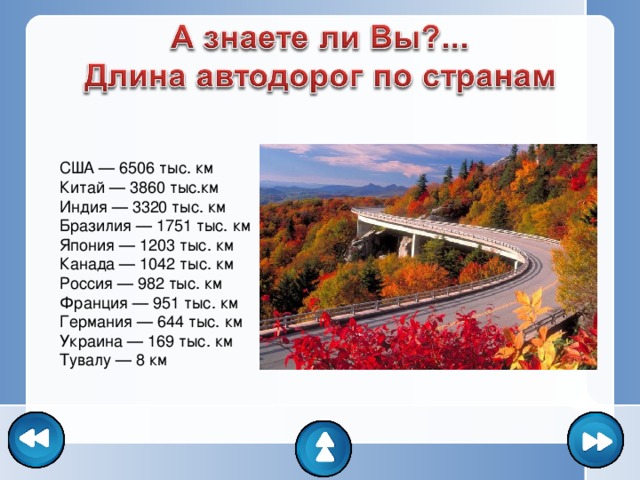 США — 6506 тыс. км Китай — 3860 тыс.км Индия — 3320 тыс. км Бразилия — 1751 тыс. км Япония — 1203 тыс. км Канада — 1042 тыс. км Россия — 982 тыс. км Франция — 951 тыс. км Германия — 644 тыс. км Украина — 169 тыс. км Тувалу — 8 км 