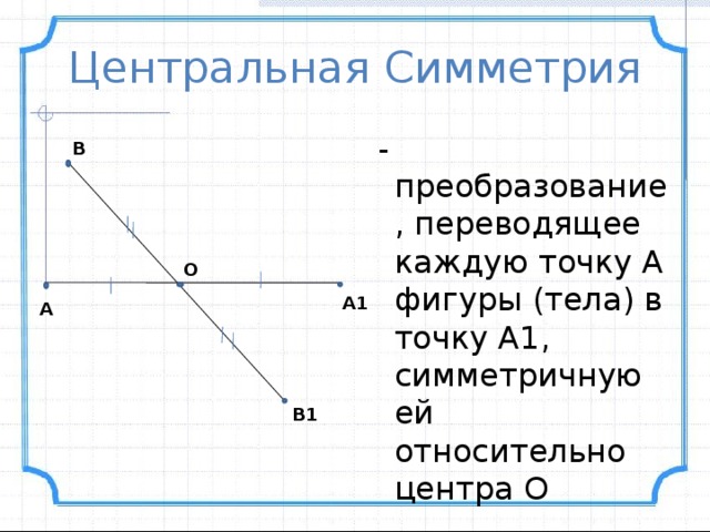 Центральная Симметрия  - преобразование, переводящее каждую точку А фигуры (тела) в точку А1, симметричную ей относительно центра О В О А1 А В1 