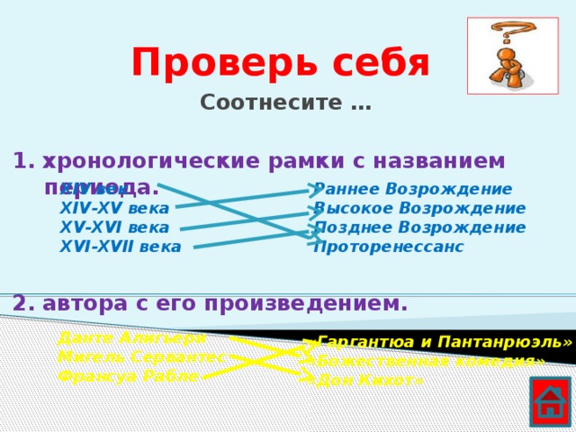 Проверь себя Соотнесите … 1. хронологические рамки с названием периода. 2. автора с его произведением. XIV век Раннее Возрождение XIV-XV века Высокое Возрождение XV-XVI века Позднее Возрождение Проторенессанс XVI-XVII века Данте Алигьери Мигель Сервантес Франсуа Рабле «Гаргантюа и Пантанрюэль» «Божественная комедия» «Дон Кихот» 