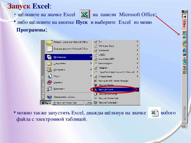  Запуск  Excel :  щёлкните на значке  Excel  на панели  Microsoft Office ;  щёлкните на значке  Excel  на панели  Microsoft Office ;  либо щёлкните на кнопке  Пуск  и выберите  Excel   из меню   либо щёлкните на кнопке  Пуск  и выберите  Excel   из меню   Программы ;  Программы ;            можно также запустить Excel, дважды щёлкнув на значке любого  можно также запустить Excel, дважды щёлкнув на значке любого  файла с электронной таблицей.  файла с электронной таблицей. 