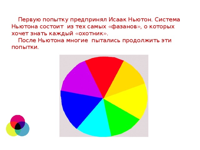  Первую попытку предпринял Исаак Ньютон. Система Ньютона состоит из тех самых «фазанов», о которых хочет знать каждый «охотник».   После Ньютона многие пытались продолжить эти попытки.   