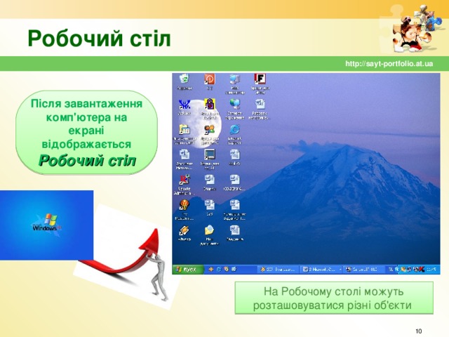 Робочий стіл http://sayt-portfolio.at.ua Після завантаження комп'ютера на екрані відображається Робочий стіл На Робочому столі можуть розташовуватися різні об'єкти  