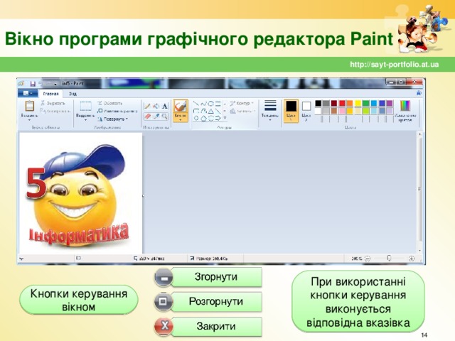 Вікно програми графічного редактора Paint http://sayt-portfolio.at.ua При використанні кнопки керування виконується відповідна вказівка Кнопки керування вікном  