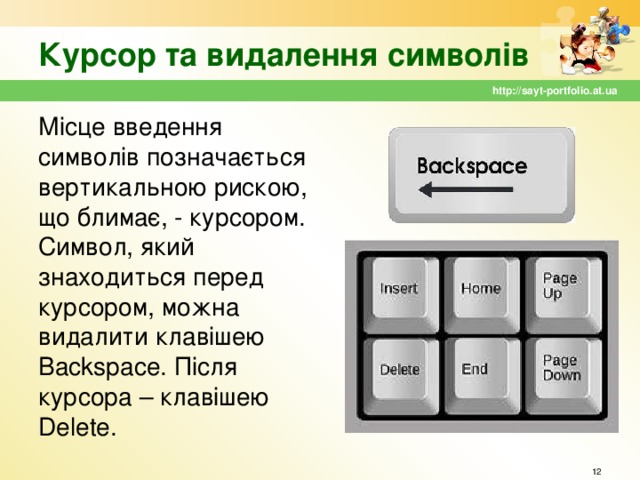 Курсор та видалення символів http://sayt-portfolio.at.ua Місце введення символів позначається вертикальною рискою, що блимає, - курсором. Символ, який знаходиться перед курсором, можна видалити клавішею Backspace. Після курсора – клавішею Delete.  