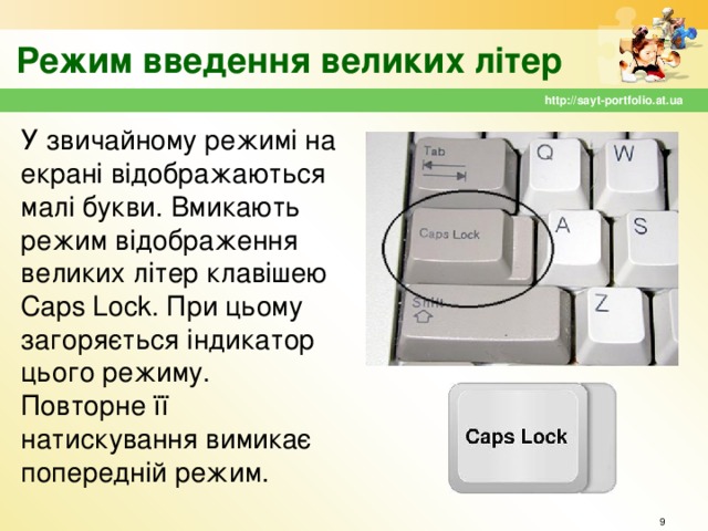 Режим введення великих літер http://sayt-portfolio.at.ua У звичайному режимі на екрані відображаються малі букви. Вмикають режим відображення великих літер клавішею Caps Lock. При цьому загоряється індикатор цього режиму. Повторне її натискування вимикає попередній режим.  