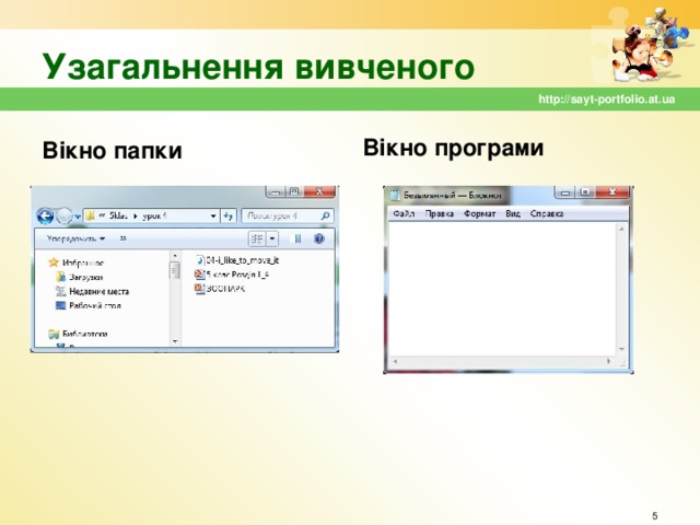 Узагальнення вивченого http://sayt-portfolio.at.ua Вікно папки Вікно програми  