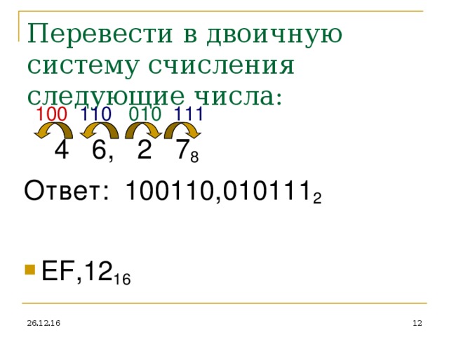 Перевести в двоичную систему счисления следующие числа:  100  110 010 111  4 6, 2 7 8 Ответ: 100110,010111 2 EF, 12 16 26.12.16  