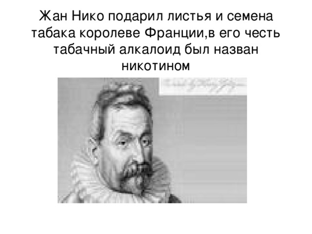 Жан Нико подарил листья и семена табака королеве Франции,в его честь табачный алкалоид был назван никотином 