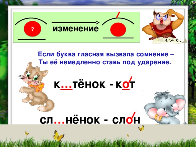  изменение ?   Если буква гласная вызвала сомнение – Ты её немедленно ставь под ударение. к … тёнок - к о т сл … нёнок - сл о н 