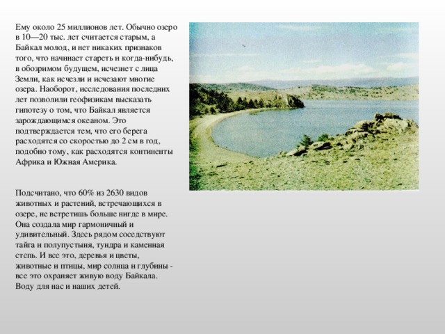 Ему около 25 миллионов лет. Обычно озеро в 10—20 тыс. лет считается старым, а Байкал молод, и нет никаких признаков того, что начинает стареть и когда-нибудь, в обозримом будущем, исчезнет с лица Земли, как исчезли и исчезают многие озера. Наоборот, исследования последних лет позволили геофизикам высказать гипотезу о том, что Байкал является зарождающимся океаном. Это подтверждается тем, что его берега расходятся со скоростью до 2 см в год, подобно тому, как расходятся континенты Африка и Южная Америка.        Подсчитано, что 60% из 2630 видов животных и растений, встречающихся в озере, не встретишь больше нигде в мире. Она создала мир гармоничный и удивительный. Здесь рядом соседствуют тайга и полупустыня, тундра и каменная степь. И все это, деревья и цветы, животные и птицы, мир солнца и глубины - все это охраняет живую воду Байкала. Воду для нас и наших детей.     