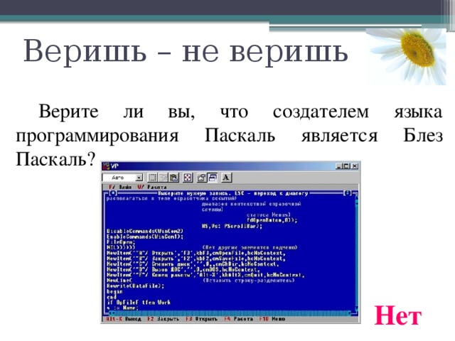 Веришь – не веришь  Верите ли вы, что создателем языка программирования Паскаль является Блез Паскаль? Нет 