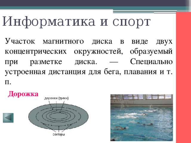 Информатика и спорт Участок магнитного диска в виде двух концентрических окружностей, образуемый при разметке диска. — Специально устроенная дистанция для бега, плавания и т. п. Дорожка 