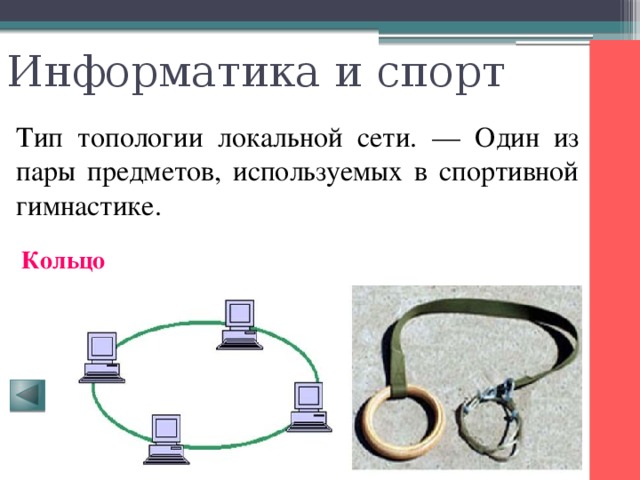 Информатика и спорт Тип топологии локальной сети. — Один из пары предметов, используемых в спортивной гимнастике. Кольцо 