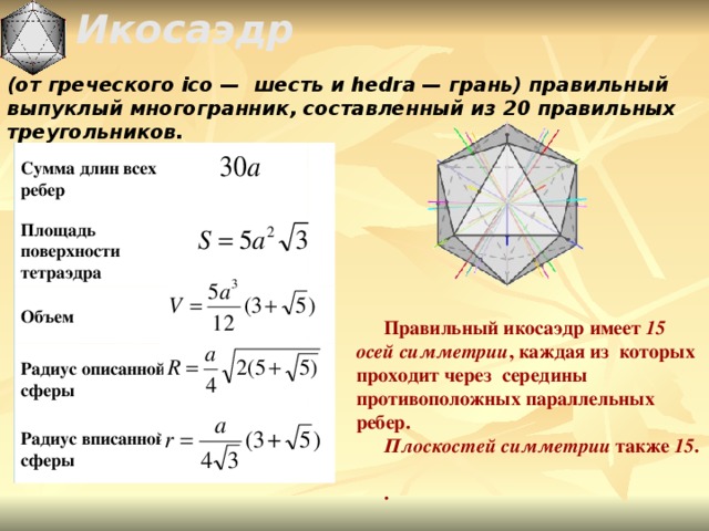  Икосаэдр  (от греческого ico —  шесть и hedra — грань) правильный выпуклый многогранник, составленный из 20 правильных треугольников. Сумма длин всех ребер     Площадь поверхности тетраэдра Объем Правильный икосаэдр имеет 15 осей симметрии , каждая из  которых  проходит через  середины противоположных параллельных  ребер. Плоскостей  симметрии также 15 .  . Радиус описанной сферы Радиус вписанной сферы 
