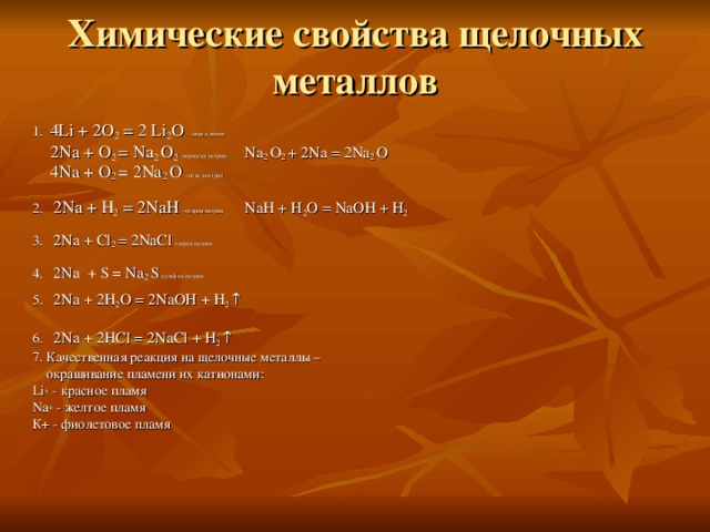 Химические свойства щелочных металлов 1. 4 Li + 2O 2 = 2 Li 2 O  – оксид лития  2Na + O 2 = Na 2 O 2 - пероксид натрия Na 2 O 2 + 2Na = 2Na 2 O  4Na + O 2 = 2Na 2 O  –оксид натрия 2. 2Na + Н 2 = 2Na Н  –гидрид натрия  Na Н + Н 2 О = Na ОН + Н 2 3. 2Na + Cl 2 = 2NaCl -хлорид натрия 4. 2Na + S = Na 2 S -сульфид натрия 5. 2Na + 2Н 2 О = 2 Na ОН + Н 2 ↑ 6. 2Na + 2НС l = 2 NaCl + Н 2 ↑ 7. Качественная реакция на щелочные металлы –  окрашивание пламени их катионами: Li + - красное пламя Na + - желтое пламя К+ - фиолетовое пламя   