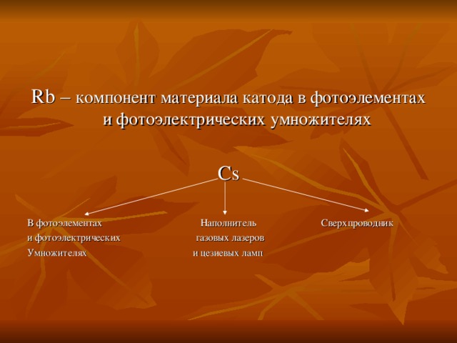 Rb – компонент материала катода в фотоэлементах и фотоэлектрических умножителях С s В фотоэлементах Наполнитель Сверхпроводник и фотоэлектрических газовых лазеров Умножителях и цезиевых ламп 