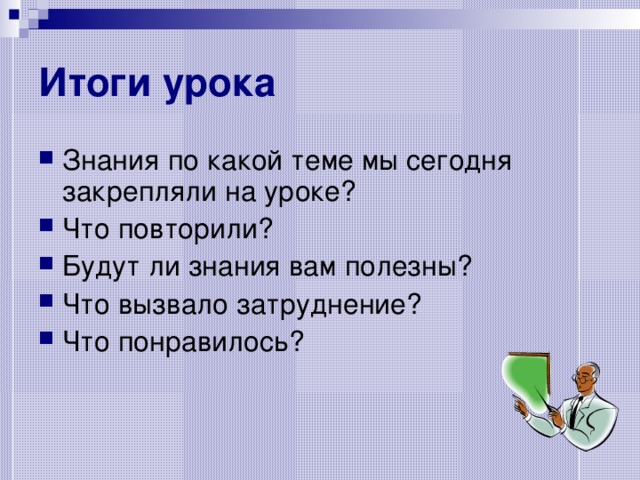 Итоги урока Знания по какой теме мы сегодня закрепляли на уроке? Что повторили? Будут ли знания вам полезны? Что вызвало затруднение? Что понравилось? 