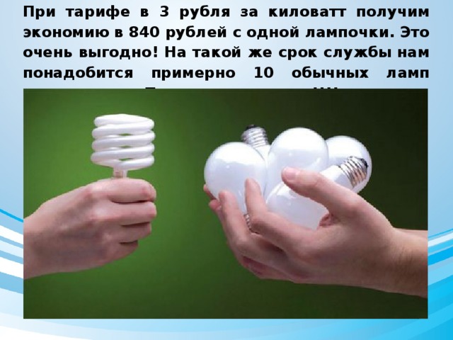При тарифе в 3 рубля за киловатт получим экономию в 840 рублей с одной лампочки. Это очень выгодно! На такой же срок службы нам понадобится примерно 10 обычных ламп накаливания. Приятно экономить!!!! 