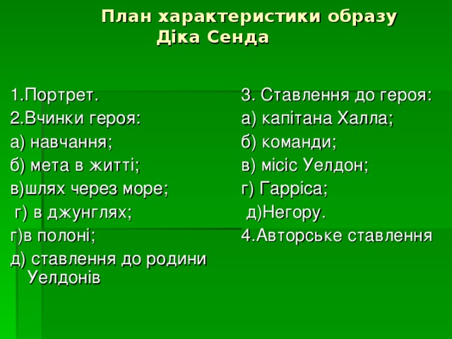  План характеристики образу  Діка Сенда 1.Портрет. 2.Вчинки героя: а) навчання; б) мета в житті; в)шлях через море;  г) в джунглях; г)в полоні; д) ставлення до родини Уелдонів 3. Ставлення до героя: а) капітана Халла; б) команди; в) місіс Уелдон; г) Гарріса;  д)Негору. 4.Авторське ставлення 