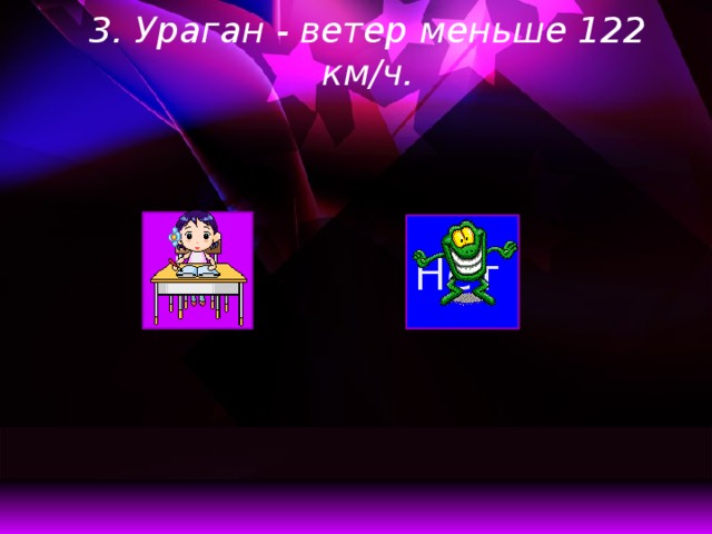 3. Ураган - ветер меньше 122 км/ч.   Да Нет  