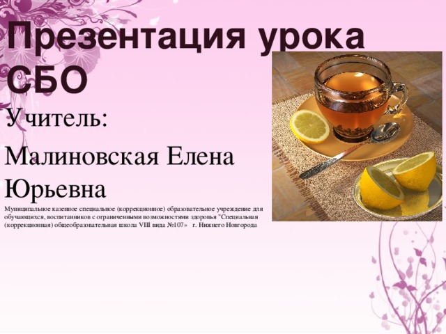 Презентация урока СБО Учитель: Малиновская Елена Юрьевна Муниципальное казенное специальное (коррекционное) образовательное учреждение для обучающихся, воспитанников с ограниченными возможностями здоровья 