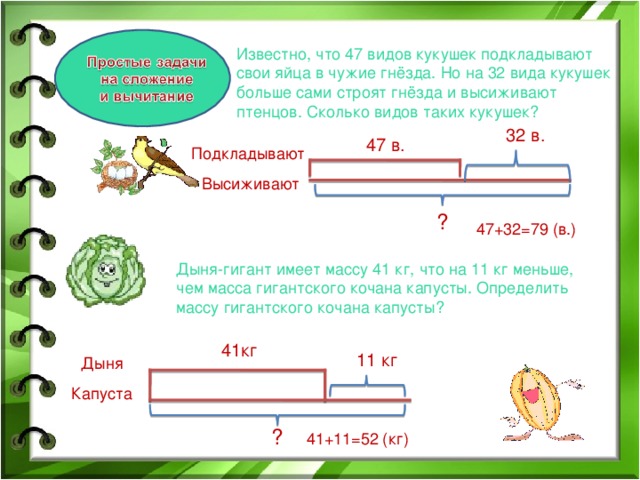 Известно, что 47 видов кукушек подкладывают свои яйца в чужие гнёзда. Но на 32 вида кукушек больше сами строят гнёзда и высиживают птенцов. Сколько видов таких кукушек?  32 в. 47 в. Подкладывают Высиживают ? 47+32=79 (в.) Дыня-гигант имеет массу 41 кг, что на 11 кг меньше, чем масса гигантского кочана капусты. Определить массу гигантского кочана капусты? 41кг 11 кг Дыня Капуста ? 41+11=52 (кг) 