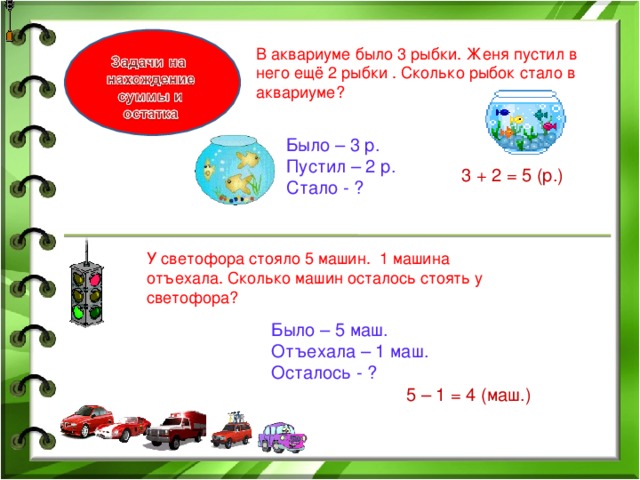 В аквариуме было 3 рыбки. Женя пустил в него ещё 2 рыбки . Сколько рыбок стало в аквариуме? Было – 3 р. Пустил – 2 р. Стало - ? 3 + 2 = 5 (р.) У светофора стояло 5 машин. 1 машина отъехала. Сколько машин осталось стоять у светофора? Было – 5 маш. Отъехала – 1 маш. Осталось - ? 5 – 1 = 4 (маш.) 