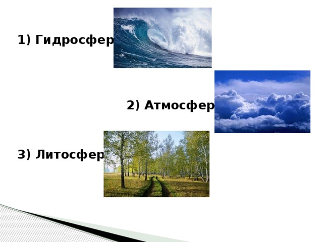 1) Гидросфера     2) Атмосфера   3) Литосфера        