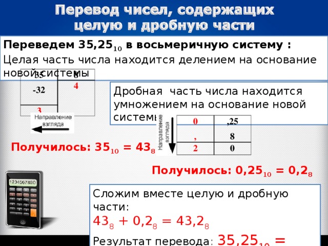 Переведем 35,25 10  в восьмеричную систему :    Целая часть числа находится делением на основание новой системы 35 -32 8 4 3 Дробная часть числа находится умножением на основание новой системы 0 , 2 ,25 8 0 Получилось: 35 10  = 43 8   Получилось: 0,25 10  = 0,2 8   Сложим вместе целую и дробную части: 43 8  + 0,2 8  = 43,2 8    Результат перевода :  35,25 10  = 43,2 8  
