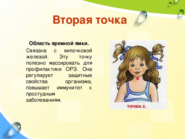 Вторая точка Область яремной ямки. Связана с вилочковой железой. Эту точку полезно массировать для профилактики ОРЗ. Она регулирует защитные свойства организма, повышает иммунитет к простудным заболеваниям. 