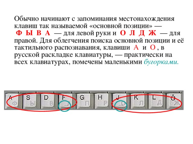   Обычно начинают с запоминания местонахождения клавиш так называемой «основной позиции» —   Ф  Ы  В  А   — для левой руки и   О  Л  Д  Ж   — для правой. Для облегчения поиска основной позиции и её тактильного распознавания, клавиши   А   и   О  , в русской раскладке клавиатуры, — практически на всех клавиатурах, помечены маленькими бугорками.  