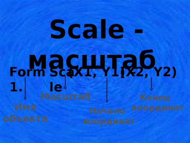 Scale - масштаб Form1. Scale (Х1, Y1) – (Х2, Y2) Масштаб Конец  координат Имя объекта Начало  координат 