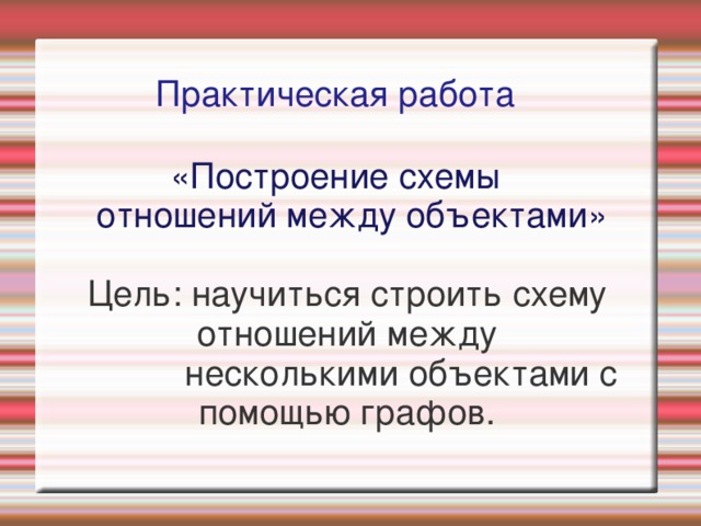 Практическая работа   «Построение схемы  отношений между объектами»   Цель: научиться строить схему отношений между  несколькими объектами с помощью графов. 