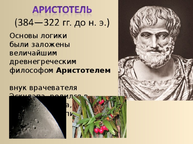 Основы логики были заложены величайшим древнегреческим философом  Аристотелем   внук врачевателя Эскулапа, родился в городе Стагира, занимался воспитанием Александра Македонского. 