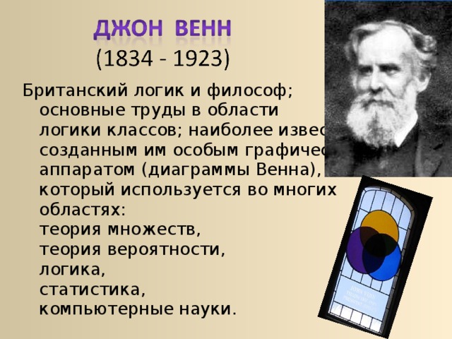 Британский логик и философ;  основные труды в области   логики классов; наиболее известен  созданным им особым графическим  аппаратом (диаграммы Венна),  который используется во многих областях:   теория множеств,   теория вероятности,   логика,   статистика,  компьютерные науки. 