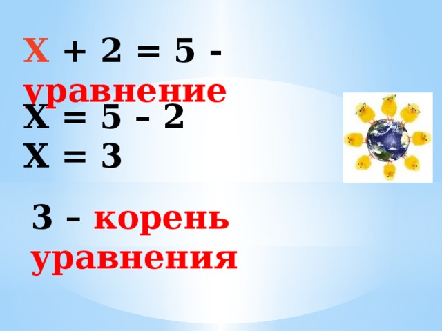 Х + 2 = 5 - уравнение Х = 5 – 2 Х = 3 3 – корень уравнения 