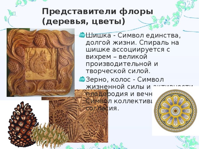 Представители флоры (деревья, цветы) Шишка - Символ единства, долгой жизни. Спираль на шишке ассоциируется с вихрем – великой производительной и творческой силой. Зерно, колос - Символ жизненной силы и активности, плодородия и вечной жизни. Символ коллективизма и согласия. 