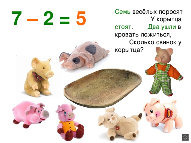7 – 2 = 5 Семь весёлых поросят У корытца стоят . Два ушли в кровать ложиться, Сколько свинок у корытца? 