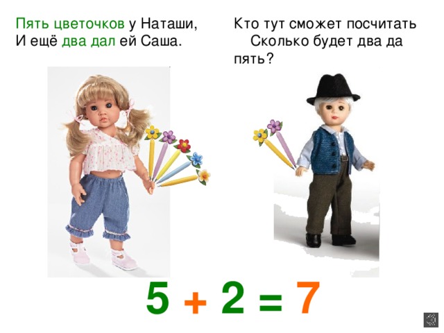 Пять цветочков у Наташи, И ещё два дал ей Саша. Кто тут сможет посчитать Сколько будет два да пять? 5 + 2 = 7 