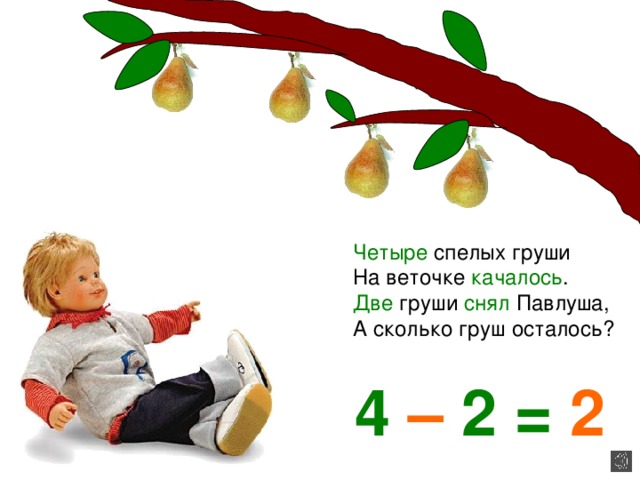 Четыре спелых груши На веточке качалось . Две груши снял Павлуша, А сколько груш осталось? 4 – 2 = 2 