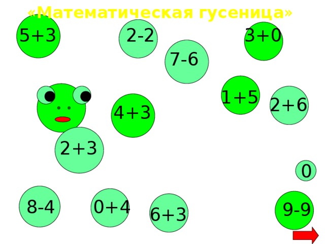 « Математическая гусеница » 3+0 2-2 5+3 7-6 1+5 2+6 4+3 2+3 0 8-4 0+4 9-9 6+3 