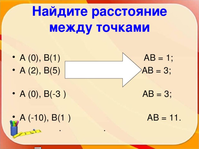 Найдите расстояние между точками А (0), В(1) АВ = 1;  А (2), В(5)  АВ = 3;  А (0), В(-3  ) АВ = 3; А (-10), В(1  ) АВ = 11.  .  . 