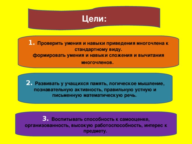 Цели: 1. Проверить умения и навыки приведения многочлена к стандартному виду. формировать умения и навыки сложения и вычитания многочленов.  2. Развивать у учащихся память, логическое мышление, познавательную активность, правильную устную и письменную математическую речь.  3. Воспитывать способность к самооценке, организованность, высокую работоспособность, интерес к предмету.  
