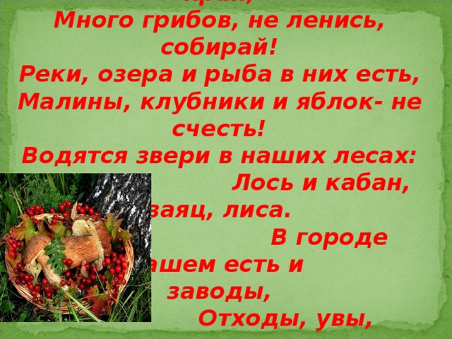 В зоне лесов расположен наш край, Много грибов, не ленись, собирай! Реки, озера и рыба в них есть, Малины, клубники и яблок- не счесть! Водятся звери в наших лесах:  Лось и кабан, заяц, лиса.  В городе нашем есть и заводы,  Отходы, увы,  загрязняют природу. 