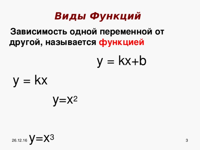 Виды Функций  Зависимость одной переменной от другой, называется функцией     y = kx+b  y = kx          y=x 2   y=x 3 26.12.16 2 